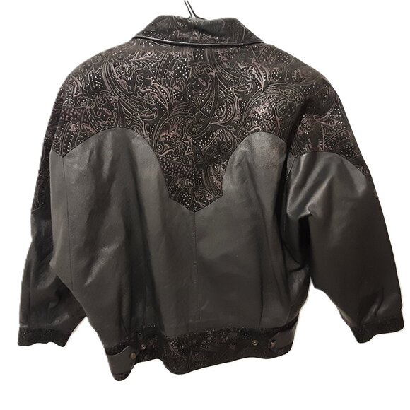 Vintage 1980s Paris Sport Club Paisley Leather Suede Jacket Womens L Black Korea - Picture 2 of 6